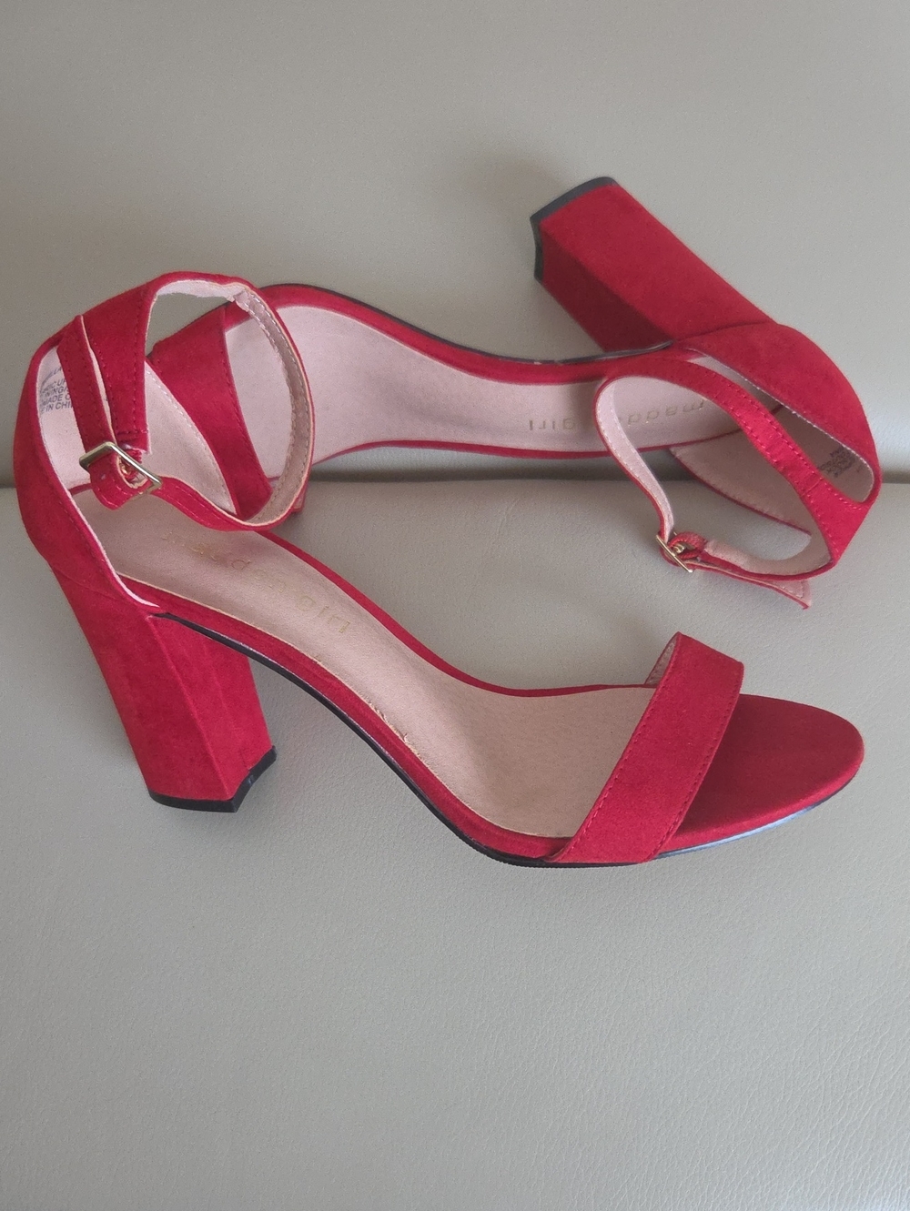 Madden Girl Red Suede Chunky Block Heel Sandals with Ankle Strap